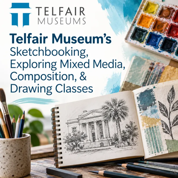Poster for Telfair Museum’s Sketchbooking, Exploring Mixed Media, Composition, & Drawing Classes